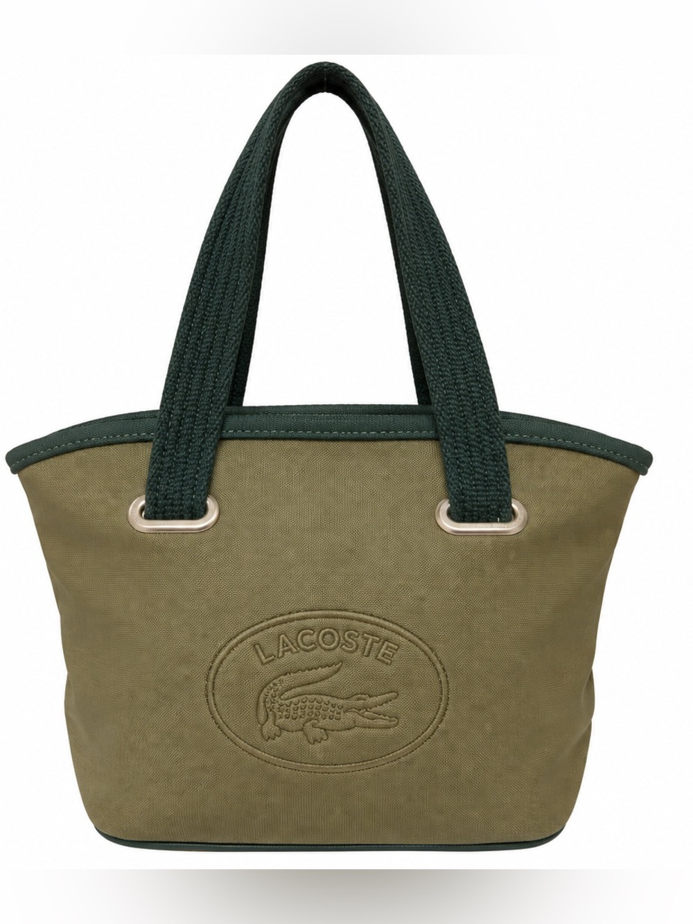 Lacoste Khaki Green Canvas Tote Bag Embossed Logo Handbag